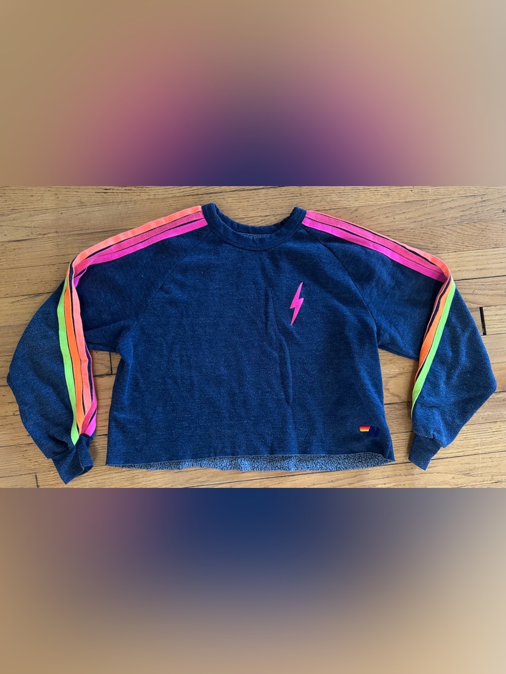 Aviator Nation Navy Cropped Crewneck Sweatshirt with Neon Bolt and Stripes - Picture 7 of 9